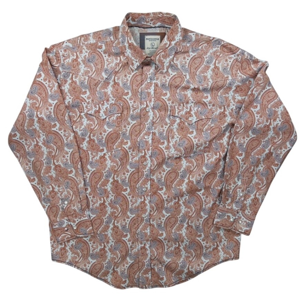 Panhandle Rough Stock Western Shirt Mens Large Orange Paisley Pearl Snap Stretch